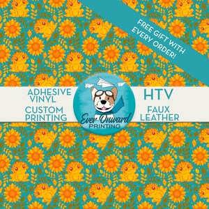 May include: A teal background with a pattern of yellow sunflowers and cartoon frogs. The image includes text that reads "Adhesive Vinyl, Custom Printing, HTV, Faux Leather" and "Free Gift With Every Order!" A circular logo features a dog wearing goggles.