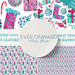 May include: A seamless pattern featuring watercolor illustrations of Christmas ornaments, candy canes, stockings, and gift boxes in shades of pink, blue, and green on a white background. The text "EVER ONWARD Printing Studios" is printed on a white circle.