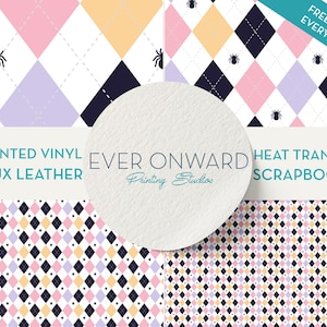May include: Four different patterned digital paper designs featuring a black and white spider silhouette on a white background with pink, purple, yellow, and black diamond shapes. The text "FREE GIFT WITH EVERY ORDER!" is in the top right corner. The text "PRINTED VINYL FAUX LEATHER EVER ONWARD HEAT TRANSFER SCRAPBOOK" is in the center of the image.