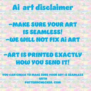 K&ouml;nnte beinhalten: Eine t&uuml;rkisfarbene und wei&szlig;e Textgrafik mit den Worten "Ai art disclaimer" oben. Der Text enth&auml;lt Anweisungen zur nahtlosen Kunst und zum Druckprozess. Der Hintergrund zeigt ein tropisches Muster.