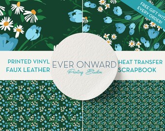 Blue and Green Flowers Vinyl, HTV, Indoor Vinyl, Printed Vinyl, Patterned Vinyl, Marine Vinyl, Printed Faux Leather, Siser HTV
