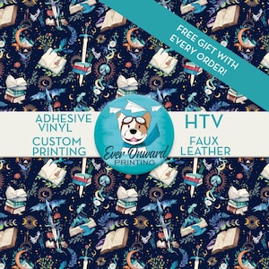 May include: Dark blue patterned fabric featuring books, swords, moons, and dragons. The text on the image says "ADHESIVE VINYL CUSTOM PRINTING HTV FAUX LEATHER" and "FREE GIFT WITH EVERY ORDER!"