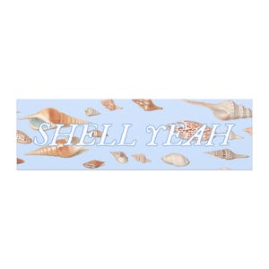 May include: A rectangular sticker featuring a light blue background patterned with various brown and tan seashells. The text SHELL YEAH is printed in large, white, outlined capital letters across the center of the design.
