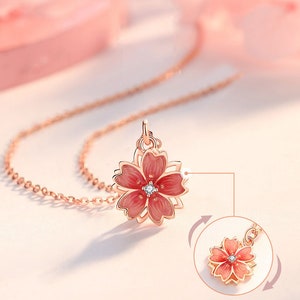 100% Silver Gold Plated 360 Degree Rotation Cherry Blossom Necklace Women's Silver Pendant Birthday Anniversary Wedding Valentine Gift