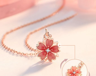 100% Silver Gold Plated 360 Degree Rotation Cherry Blossom Necklace Women's Silver Pendant Birthday Anniversary Wedding Valentine Gift
