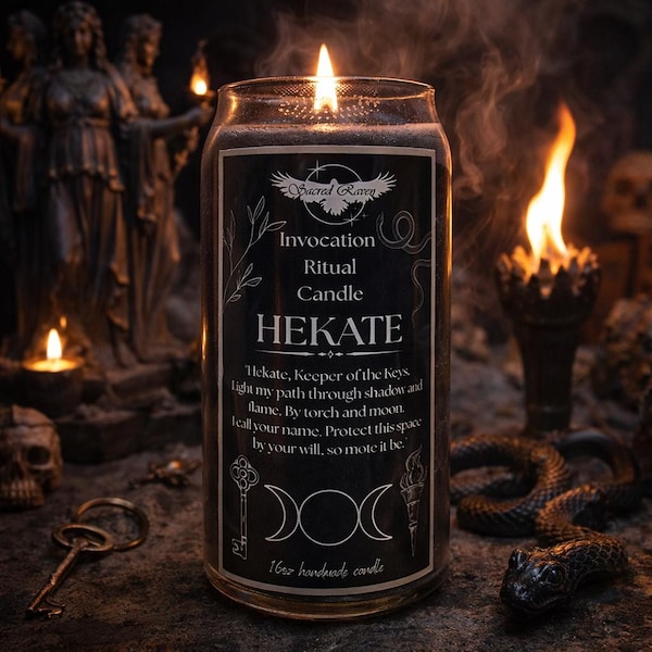 May include: A burning black candle with the text "HEKATE" on a black label. The label also reads "Invocation Ritual Candle" and "Sacred Raven". The candle is 454g and handmade. A key and a decorative snake are in the foreground.