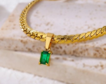 Green Emerald Necklace • Waterproof Necklace • Simple Gold Necklace • Emerald Pendant Gold • Dark Green Necklace • Emerald Charm Necklace