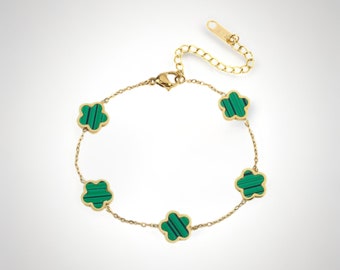 Clover Leaf Emerald Green Gold Bracelet • 18K Gold Plated Bracelet • Green Clover Gold Bracelet