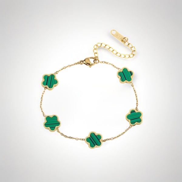 Clover Leaf Emerald Green Gold Bracelet • 18K Gold Plated Bracelet • Green Clover Gold Bracelet