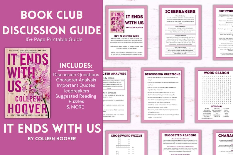 It Ends With Us by Colleen Hoover, Book Club Discussion Guide Printable 