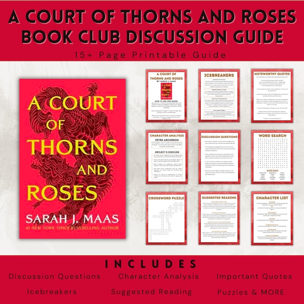 A Court of Thorns and Roses by Sarah J Maas, Book Club Discussion Guide Printable, Fantasy Book Ideas for Booktok Romance Novel Readers