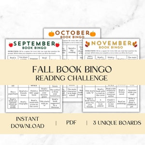 May include: Three printable bingo cards for a fall book reading challenge. Each card has a different theme: September, October, and November. The cards are decorated with fall leaves and pumpkins. The bingo squares contain reading challenges such as "Read a book with a tree on the cover" and "Read a book suggested by a librarian".