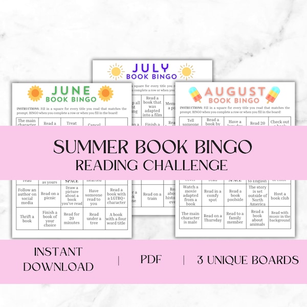 Summer Book Bingo Printable Reading Activity, 2024 Reading Challenge, Monthly Reading Tracker, Pre Filled Bingo Board, 3 Different Pages