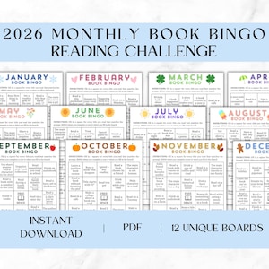 Monthly Book Bingo Reading Challenge, 2026 Reading Tracker (PDF Download)