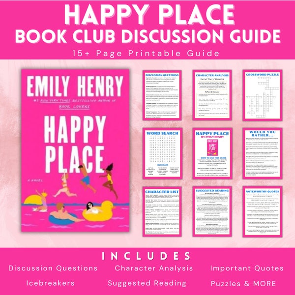 Happy Place d'Emily Henry - Guide de discussion pour le club de lecture - Imprimable, Idées de romans d'amour pour les lecteurs de romans romantiques contemporains torrides de Booktok