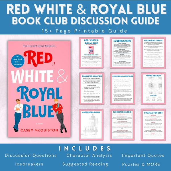 Red White & Royal Blue by Casey McQuiston, Book Club Discussion Guide Printable, Steamy Booktok LGBTQ Romance Novel, Young Adult Book Ideas