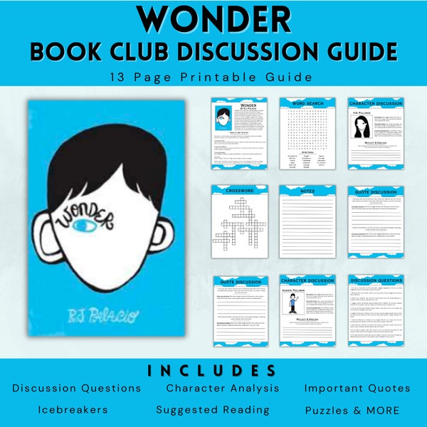 Wonder by R J Palacio, Children's Book Club Discussion Guide, Reading Activities for Kids, Book Ideas for Young Readers, 3rd Grade Reading