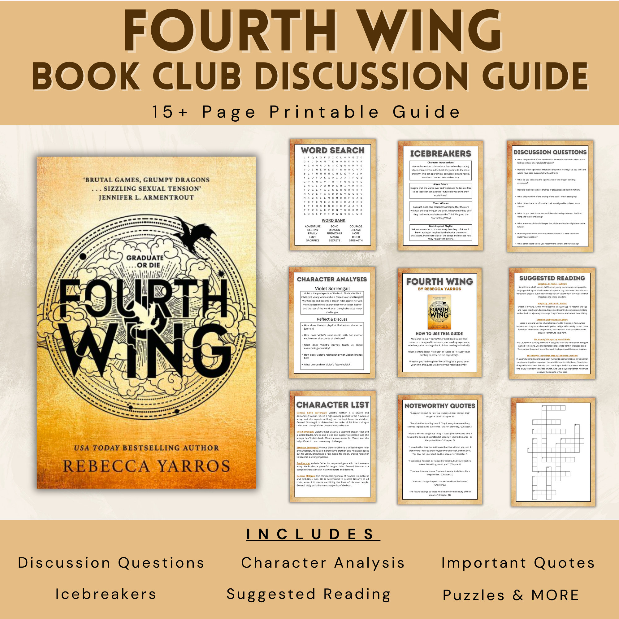 Fourth Wing by Rebecca Yarros, Book Club Discussion Guide Printable, Dragon Fantasy Book Ideas for Booktok Romance Novel Readers