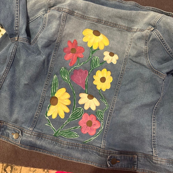 Hand Painted Denim Jacket Size Small  Inspired By Taylor Swift Surprise Song Piano Flowers