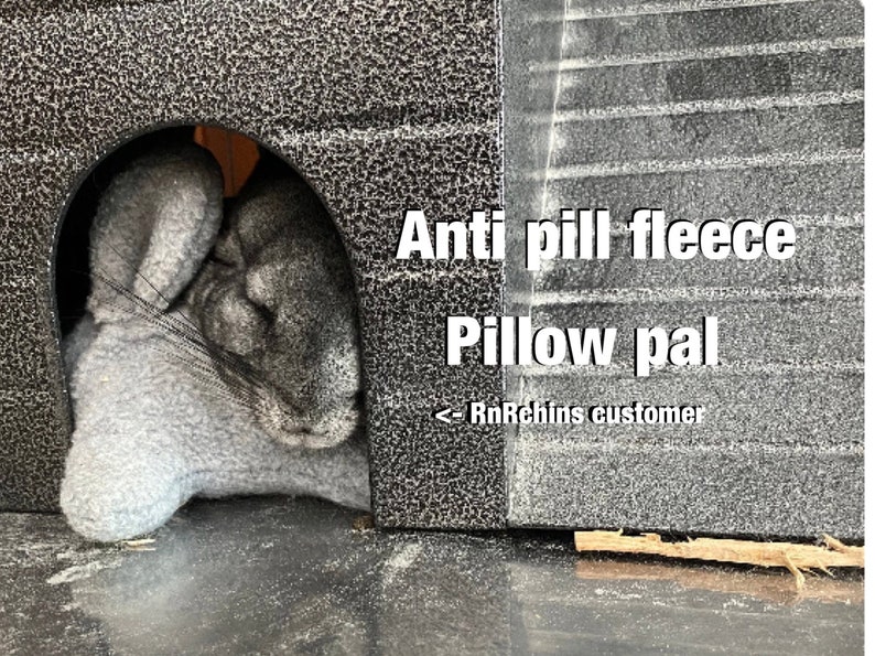 May include: A gray plush pillow pal for small pets, made with anti-pill fleece. The pillow pal is inside a gray and black pet house. The text "Anti pill fleece Pillow pal < RnRehins customer" is visible on the house.