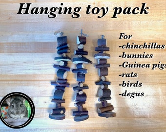 Pack of hanging toys | Natural chew toys for chinchillas | hanging cage accessories | bunny, Guinea pig, rat, hamster, bird, degu