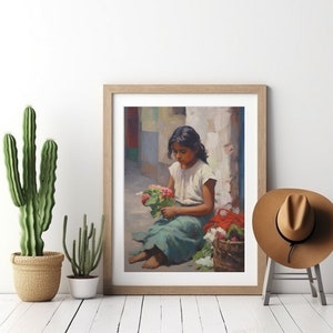 Vintage Mexican Folk Art Canvas, Flower Market Girl Scenery Oil Painting Poster Print, Southwestern Wall Art Print, Rustic Mexico Home Decor