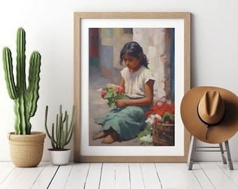 Vintage Mexican Folk Art Canvas, Flower Market Girl Scenery Oil Painting Poster Print, Southwestern Wall Art Print, Rustic Mexico Home Decor
