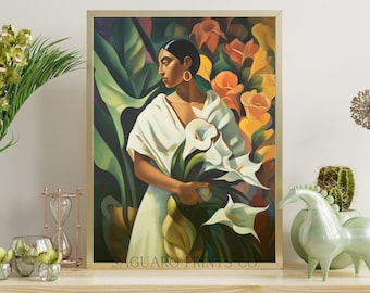 Mexican Folk Art, Hispanic Calla Lily Flower Oil Painting, Southwestern Modern Wall Art, Digital Art Print, Rustic Mexico Botanical Decor