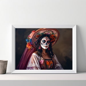 Pintura al óleo vintage del Día de Los Muertos, lienzo de arte popular mexicano, cartel del suroeste, impresión de arte digital del Día de Muertos, decoración imprimible