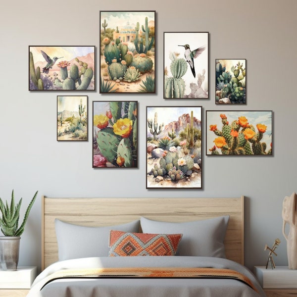Desert Landscape 8 Piece Gallery Set, Southwest Digital Wall Art Bundle, Sage Green Succulent Cactus Rustic Arizona Home Decor, Mexico Art