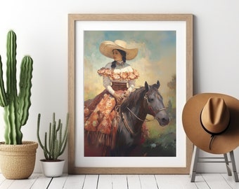 Western Wall Art, Rustic Mexican Cowgirl Home Decor, Vintage Horseback Riding Oil Painting Print,  Southwestern Canvas or Poster Art Print