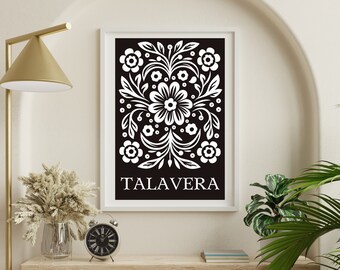 Arte de pared floral mexicano, impresión digital de azulejos de Talavera del suroeste, arte imprimible de Oaxaca, decoración rústica del hogar Hacienda Cocina México