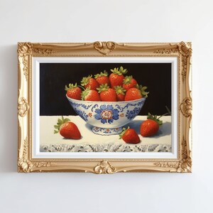 Strawberry Farmhouse Wall Art, Vintage Country Oil Painting, Rustic Kitchen Decor, Digital Print, Printable Mexican Hacienda Cocina Artwork