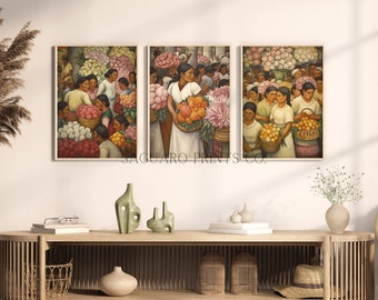 3-Panel Gallery Set,  Antique Oil Painting, Mexican Folk Art, Calla Lily Flower Painting, Southwest Wall Art, Digital Print, Rustic Decor