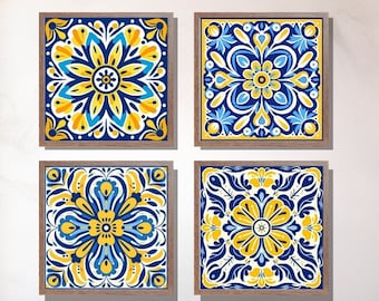 Arte de pared de cocina mexicana, conjunto de galería de 4 azulejos de Talavera impresión digital, azul marino y amarillo imprimible, decoración rústica del hogar Hacienda Cocina