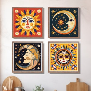 Mexican Kitchen Wall Art, Gallery Set of 4 Talavera Tile Digital Print, Sun Moon and Stars Printable, Rustic Hacienda Cocina Home Decor