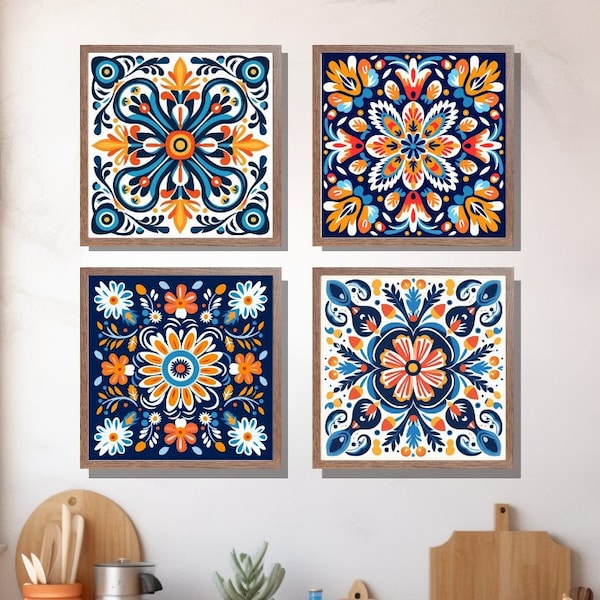 Mexican Kitchen Wall Art, Gallery Set of 4 Talavera Tile Digital Print, Classic Mexico Folk Art Printable, Rustic Hacienda Cocina Home Decor