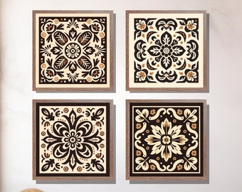 Mexican Kitchen Wall Art, Gallery Set of 4 Talavera Tile Digital Print, Coffee Brown Mexico Folk Art Printable, Rustic Hacienda Cocina Decor