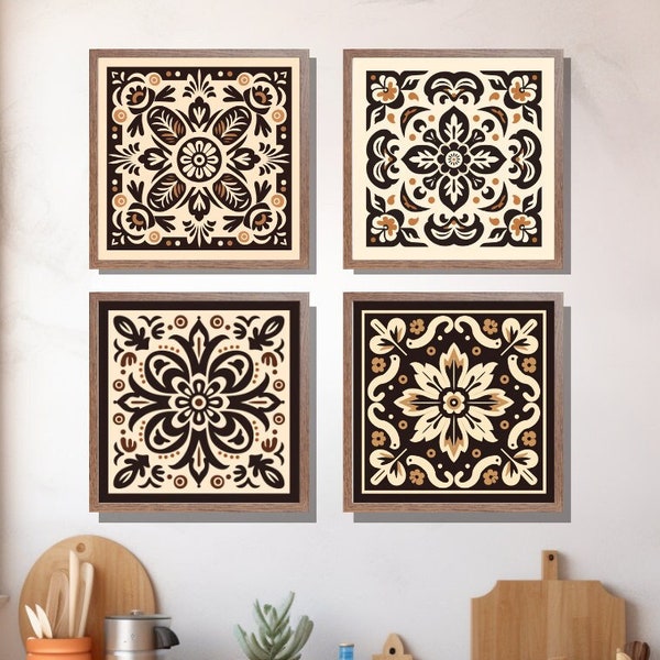 Mexican Kitchen Wall Art, Gallery Set of 4 Talavera Tile Digital Print, Coffee Brown Mexico Folk Art Printable, Rustic Hacienda Cocina Decor