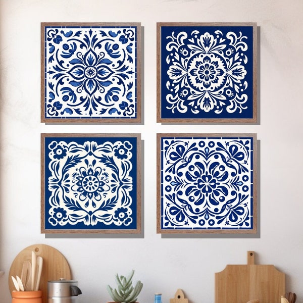 Mexican Kitchen Wall Art, Gallery Set of 4 Talavera Tile Digital Print, Blue Mexico Folk Art Printable, Rustic Hacienda Cocina Home Decor