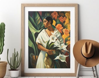 Mexican Folk Art Canvas Print, Antique Oil Painting, Calla Lily Flower Painting, Southwestern Wall Art, Rustic Mexican Botanical Home Decor