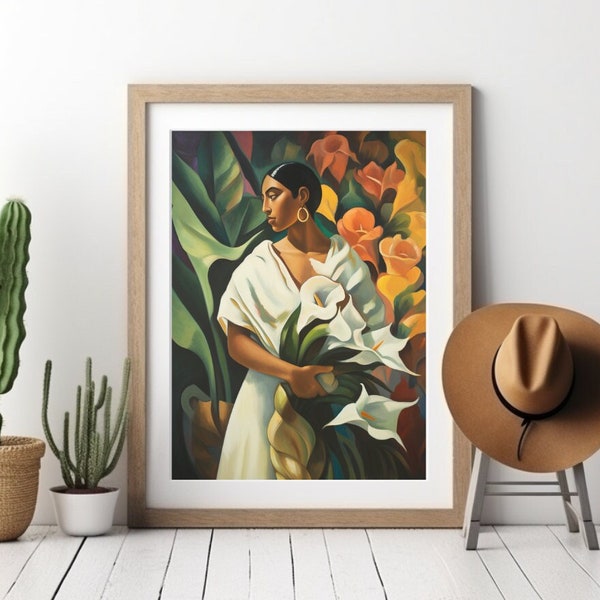 Mexican Folk Art Canvas Print, Antique Oil Painting, Calla Lily Flower Painting, Southwestern Wall Art, Rustic Mexican Botanical Home Decor