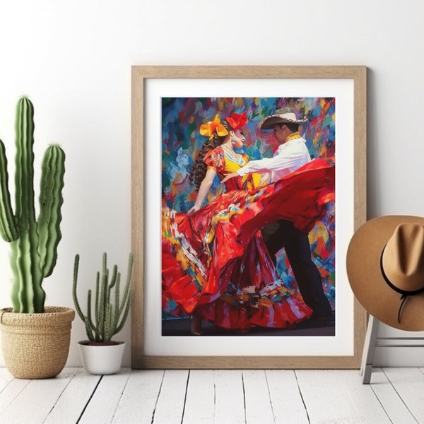 Modern Mexican Wall Art, Ballet Folklorico Print on Canvas, Southwestern Home Decor, Latin Folk Dancer Poster, Mexico Kitchen Art for Her