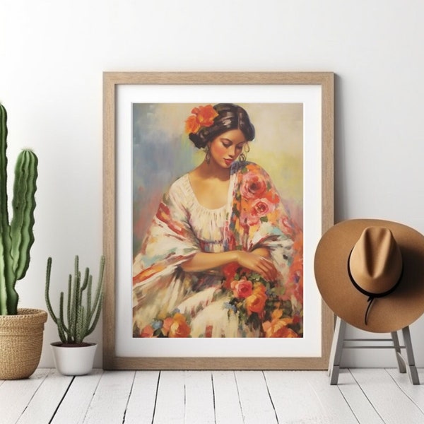 Mexican Wall Art, Mexico Folk Art Oil Painting Poster, Rustic Floral Home Decor, Canvas Art Print for Southwestern Designer, Gift for Her