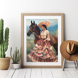 Antique Oil Painting, Mexican Folk Art, Horseback Riding Painting, Southwestern Wall Art, High Quality Print, Rustic Mexican Cowgirl Decor