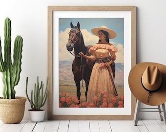 Vintage Mexican Horseback Riding Folk Art Oil Painting, Southwestern Wall Art, Mexico Art Print on Canvas, Rustic Escaramuza Cowgirl Decor
