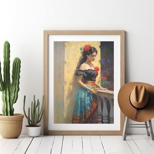 Vintage Spanish Colonial Wall Art, Mexican Folk Art Oil Painting on Canvas/Poster, Feminine Latina Beauty, Rustic Southwestern Home Decor