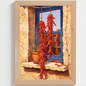 Vintage peinture à l&#39;huile mexicaine Cocina, décoration de cuisine rustique imprimable, impression numérique rouge Nouveau-Mexique Chili Ristra, Hacienda téléchargement immédiat