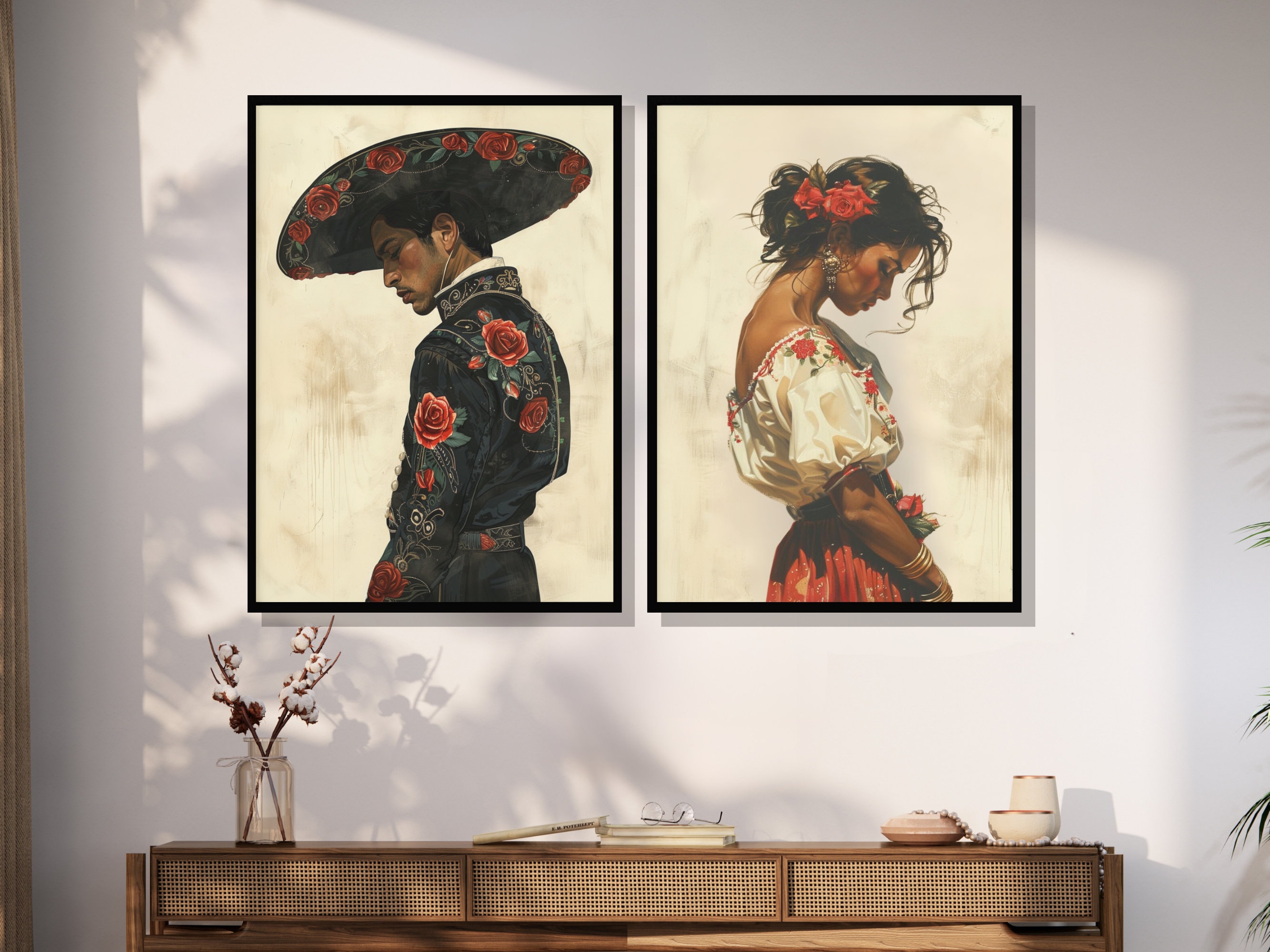 Mexican Art Set of Two Digital Prints, Romantic Mariachi Wall