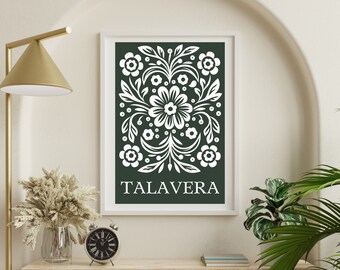 Arte de pared floral mexicano, impresión digital de azulejos de Talavera del suroeste, arte imprimible de Oaxaca, decoración rústica del hogar Hacienda Cocina México